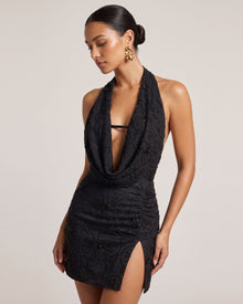 Orchid Beaded Embroidered Cowl Halter Slit Mini Dress - Black