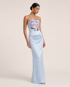 Lily Embroidered Strapless Ruched Maxi Dress - Light Blue