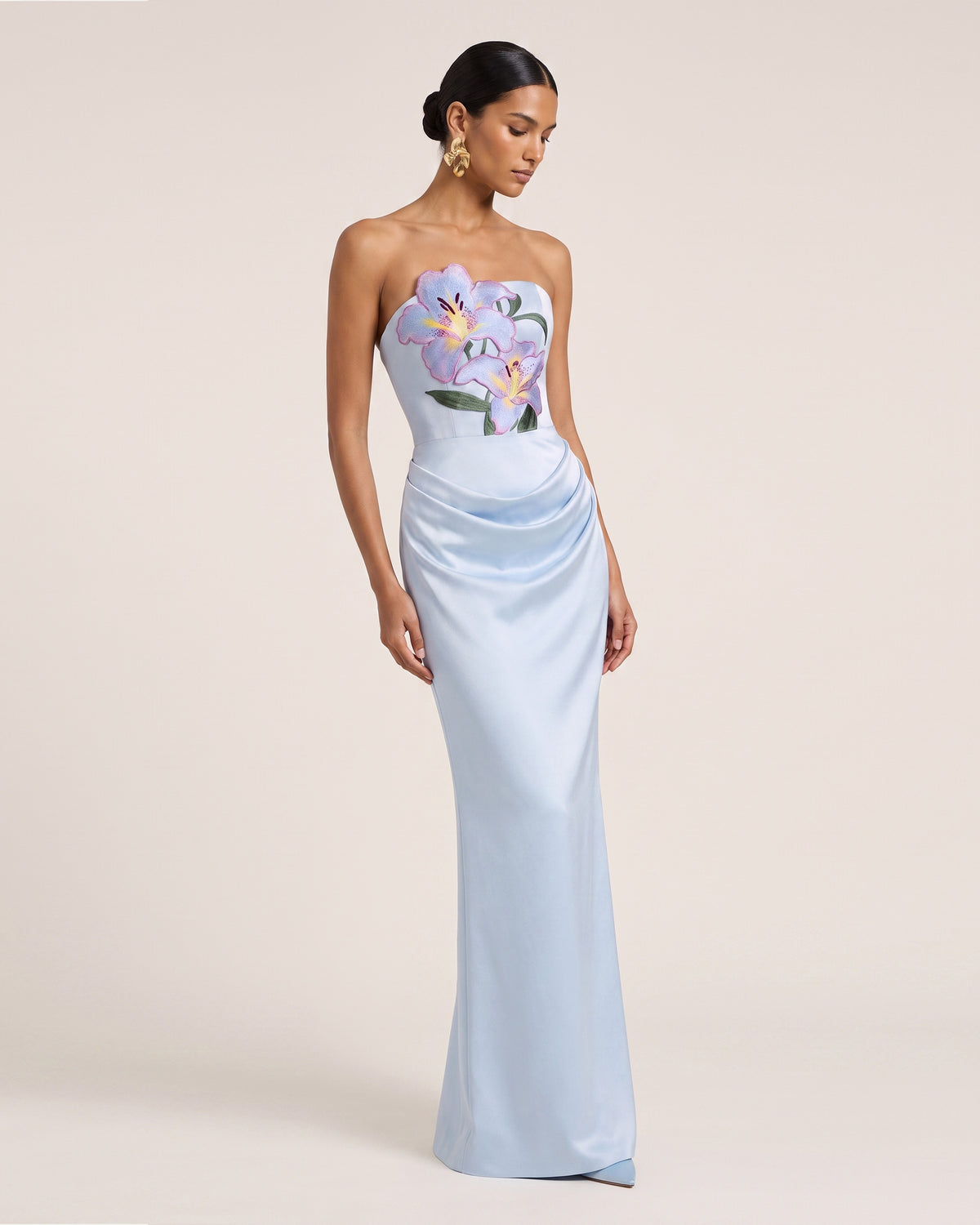 Lily Embroidered Strapless Ruched Maxi Dress - Light Blue