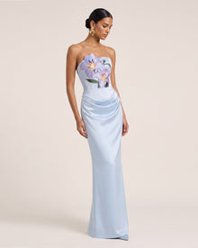 Lily Embroidered Strapless Ruched Maxi Dress - Light Blue