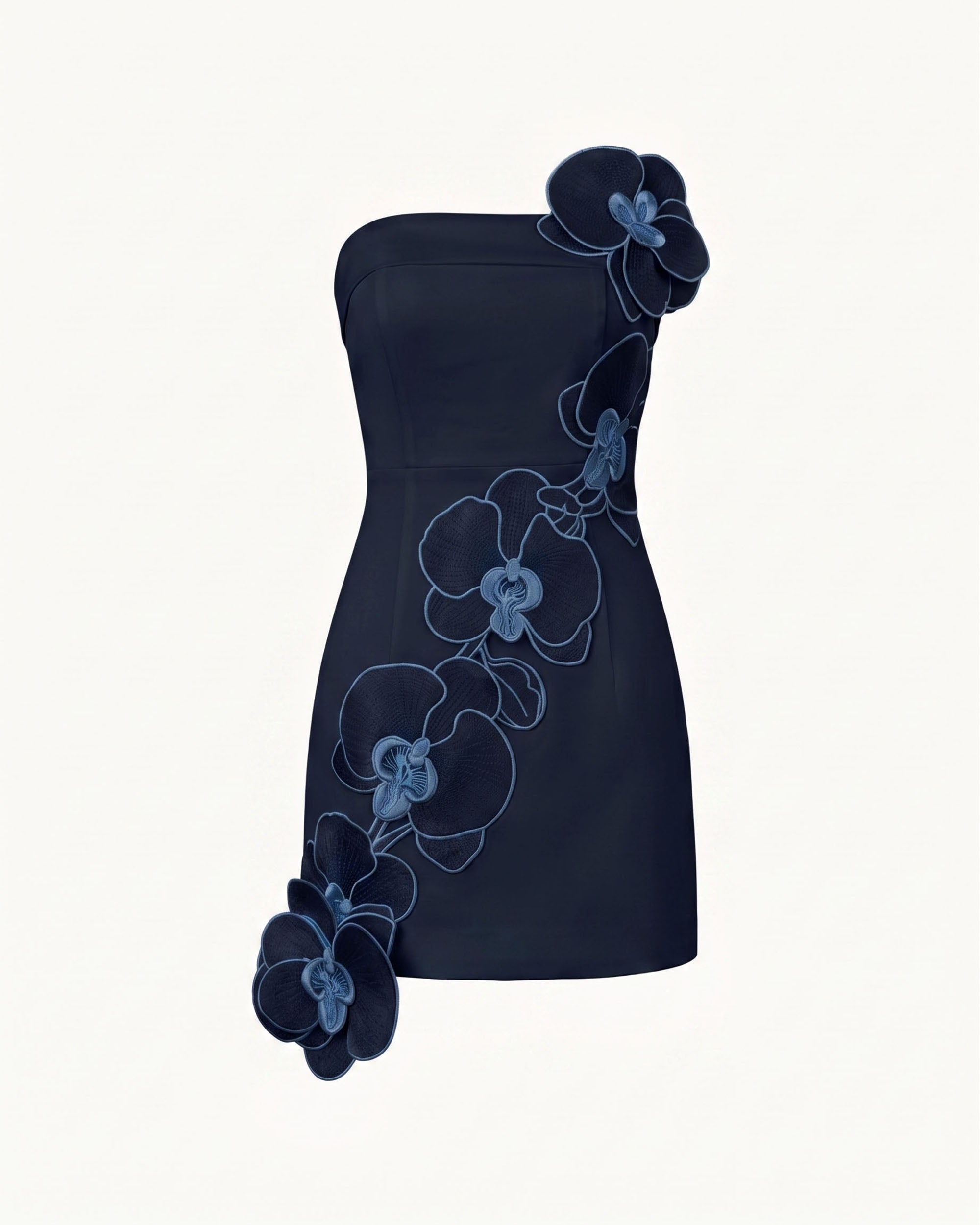 Orchid Embroidered Floral Appliqué Strapless Mini Dress - Bark Blue