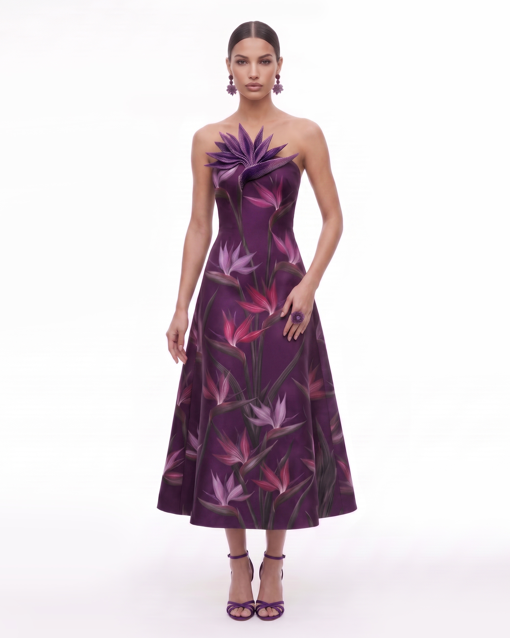 Bird of Paradise Appliqué Strapless A-Line Midi Dress - Dark Violet