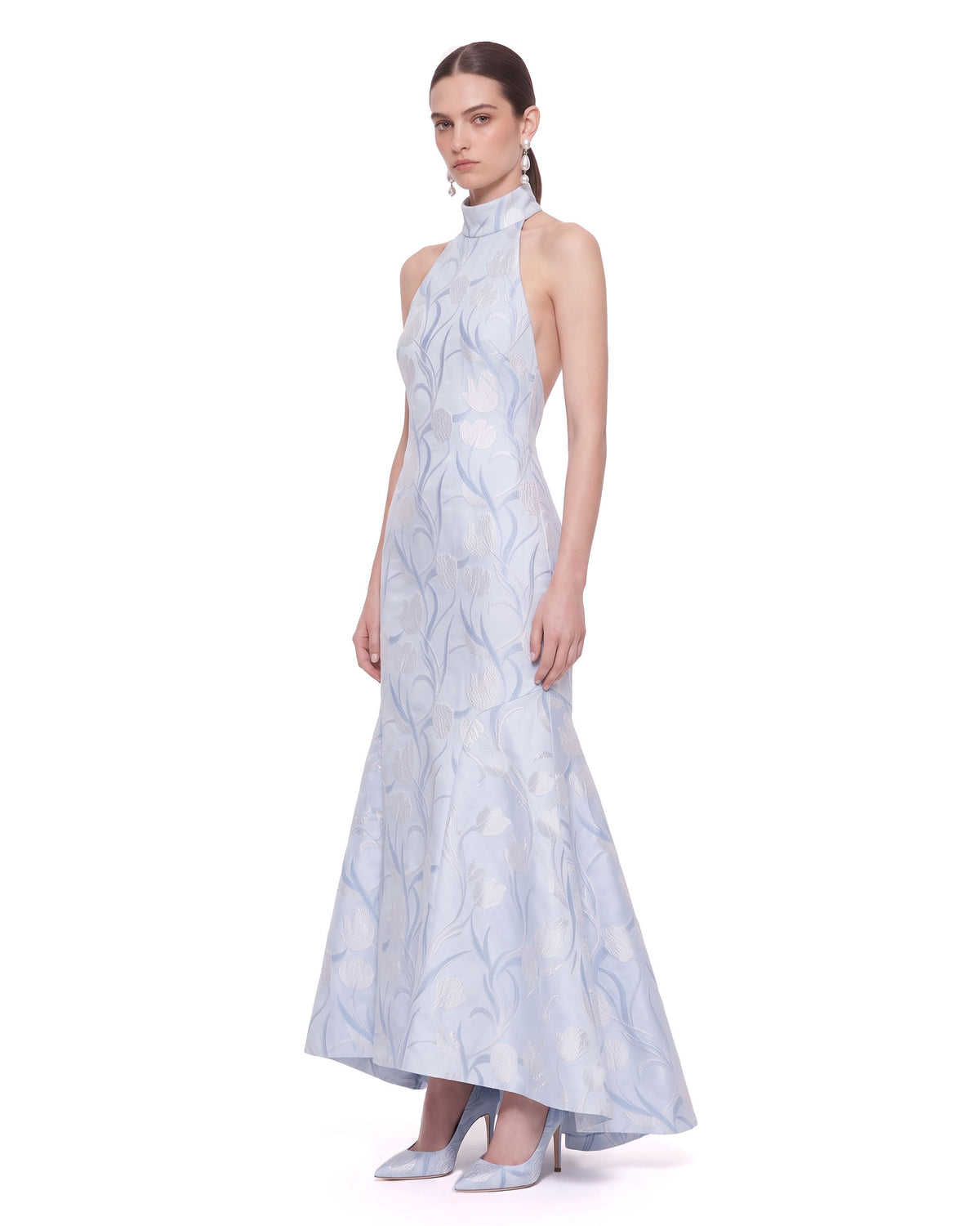 Floral Jacquard Halter Mermaid Maxi Dress - Light Blue