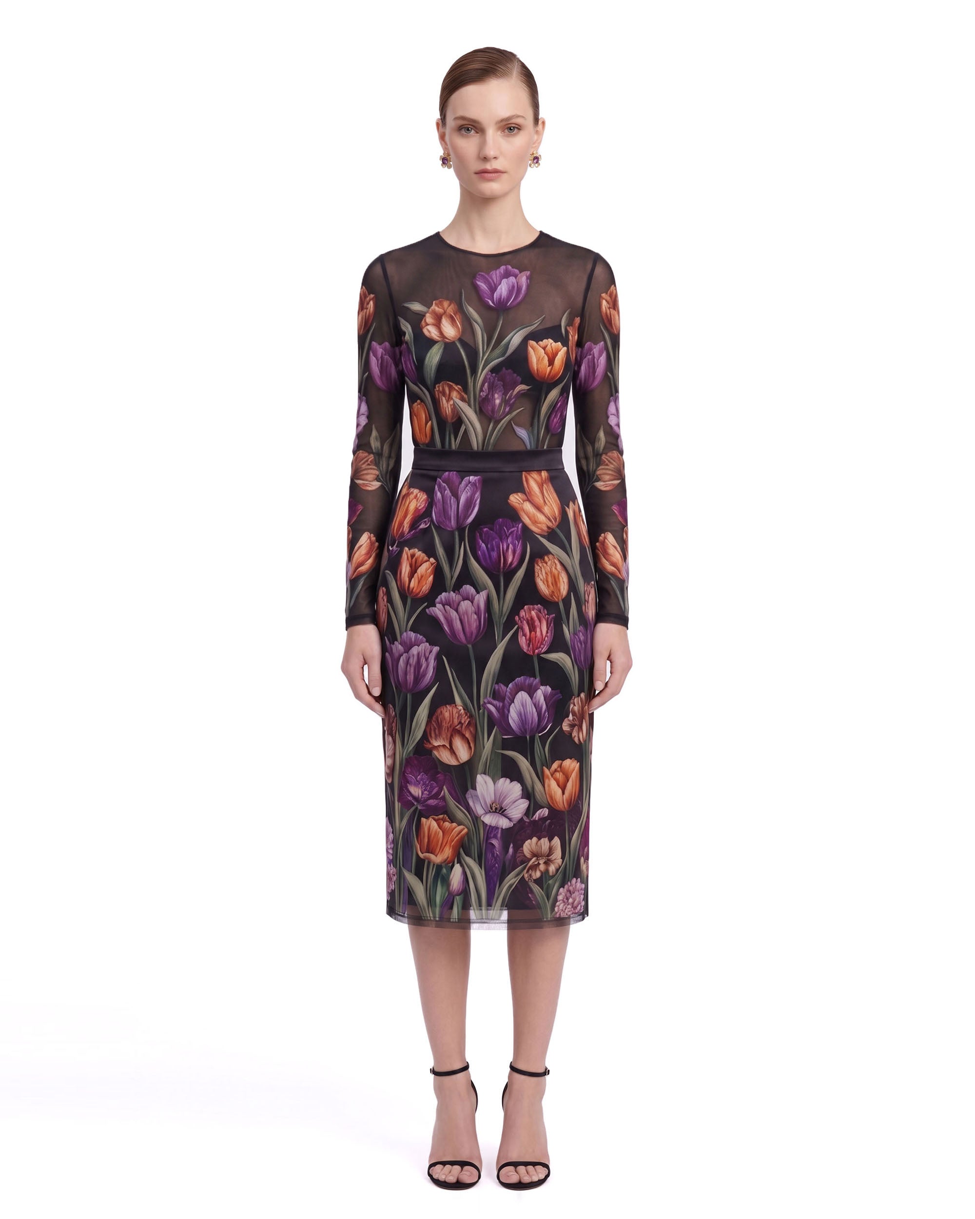 Tulip Print Sheer Long-Sleeve Top - Black