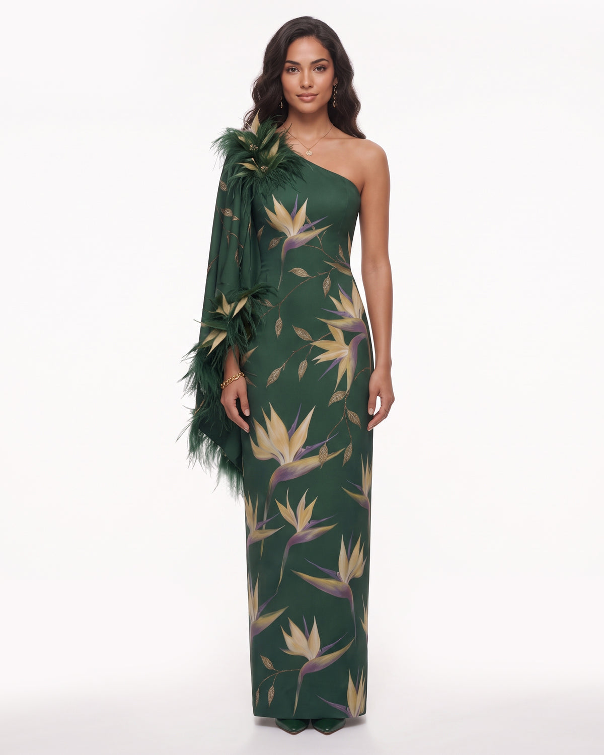 Bird of Paradise Feather-Trim One-Shoulder Maxi Dress - Dark Green