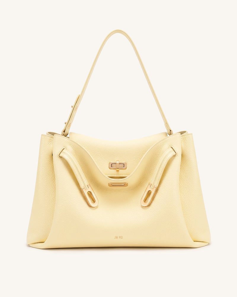 Rhea Large Pebbled Double Buckle Shoulder Bag - Creamy Yellow
