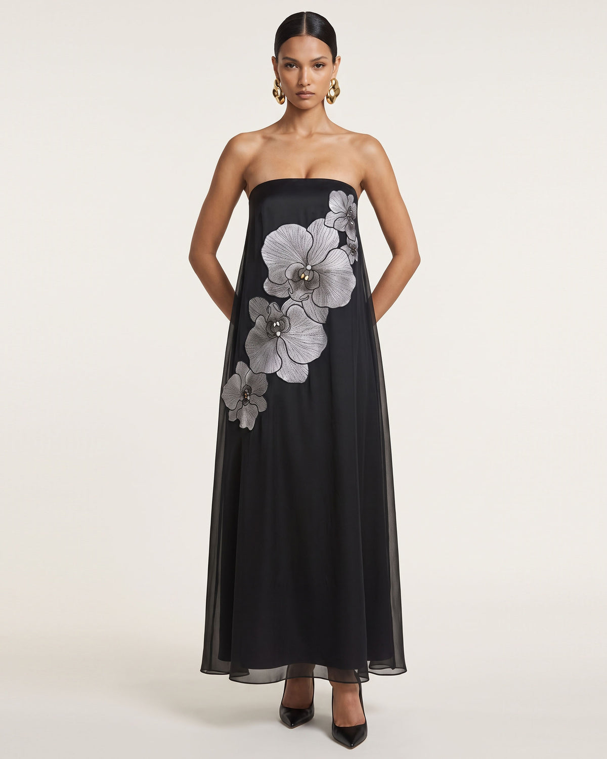 Orchid Embroidered Strapless Flowing Maxi Dress - Black