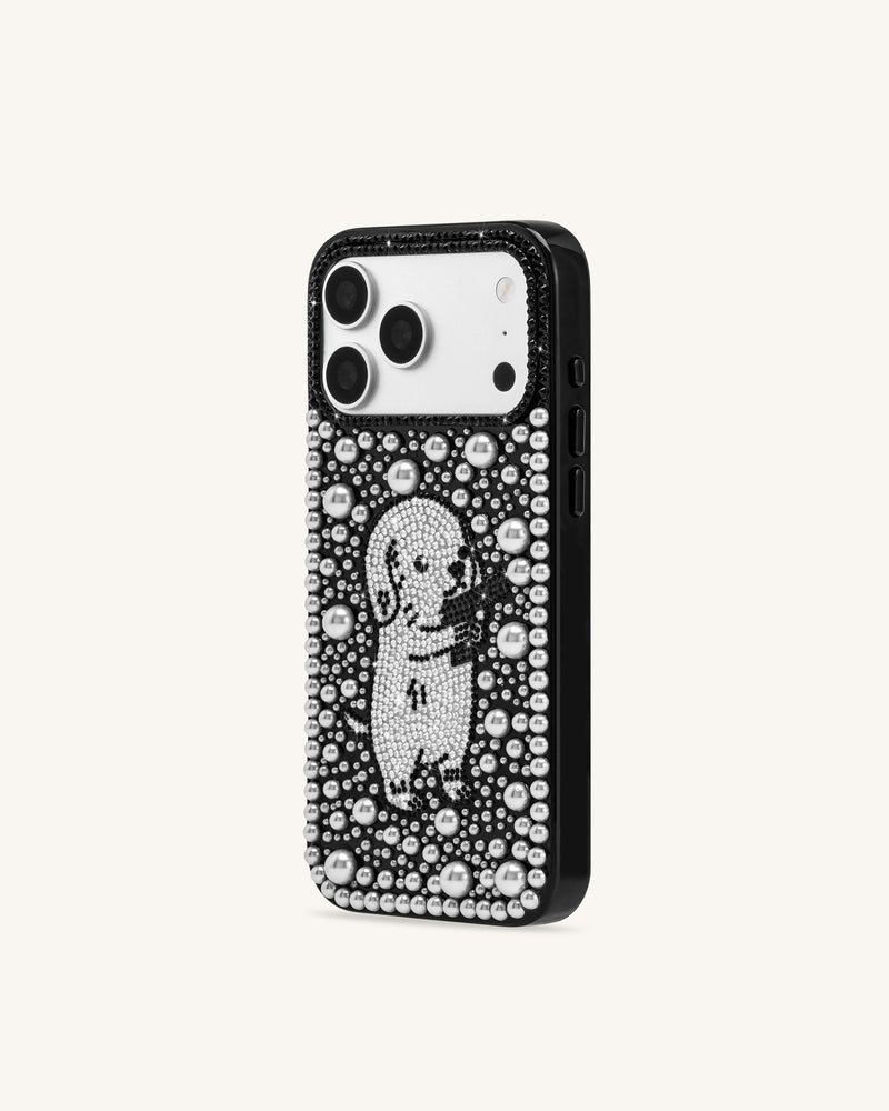 Pearl Artificial Crystal Puppy Phone Case - Black