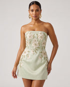 Floral Embroidered Strapless Corset Mini Dress - Light Yellowish Green