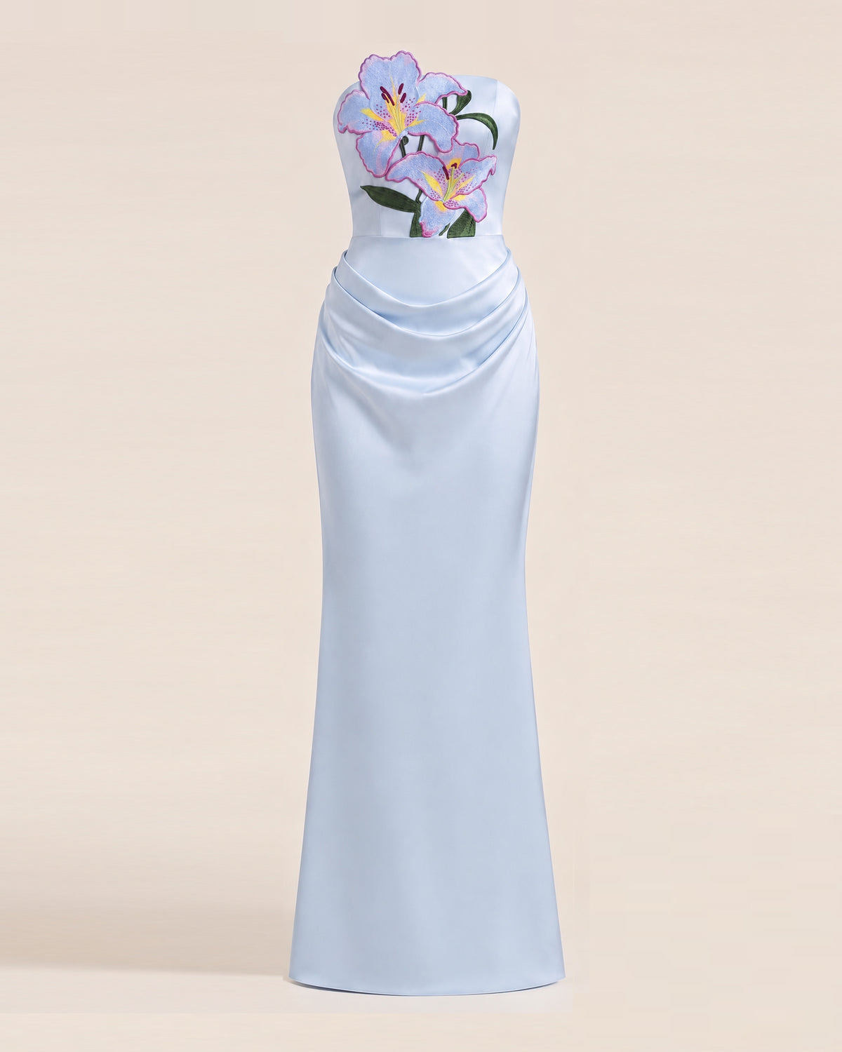 Lily Embroidered Strapless Ruched Maxi Dress - Light Blue