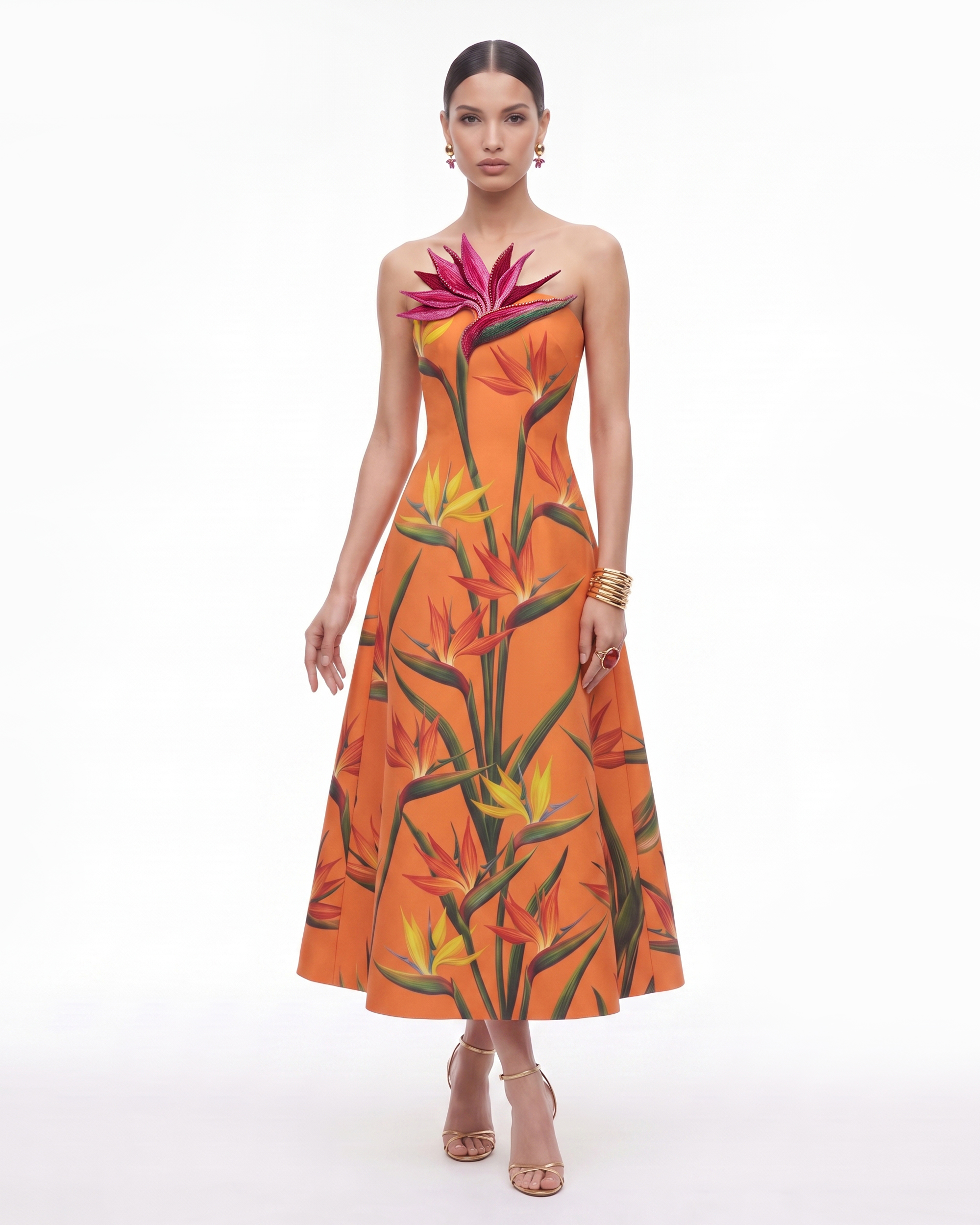 Bird of Paradise Appliqué Strapless A-Line Midi Dress - Orange