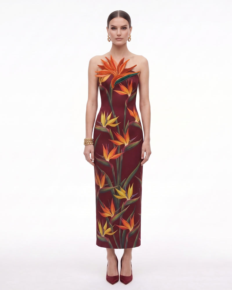 Bird of Paradise Appliqué Strapless Column Midi Dress - Burgundy