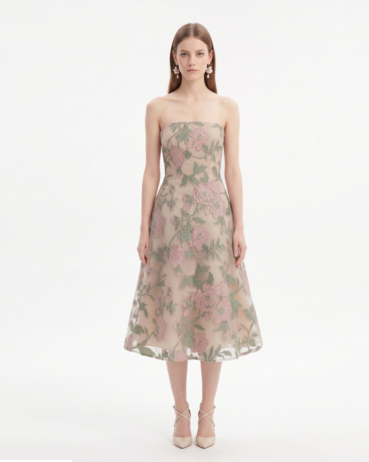 Strapless Floral Jacquard A-Line Midi Dress - Multi