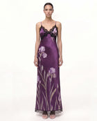 Satin Iris Print Lace Trim Spaghetti Strap Maxi Dress - Purple
