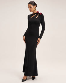 3D Embroidered Tulip Cutout Maxi Dress - Black