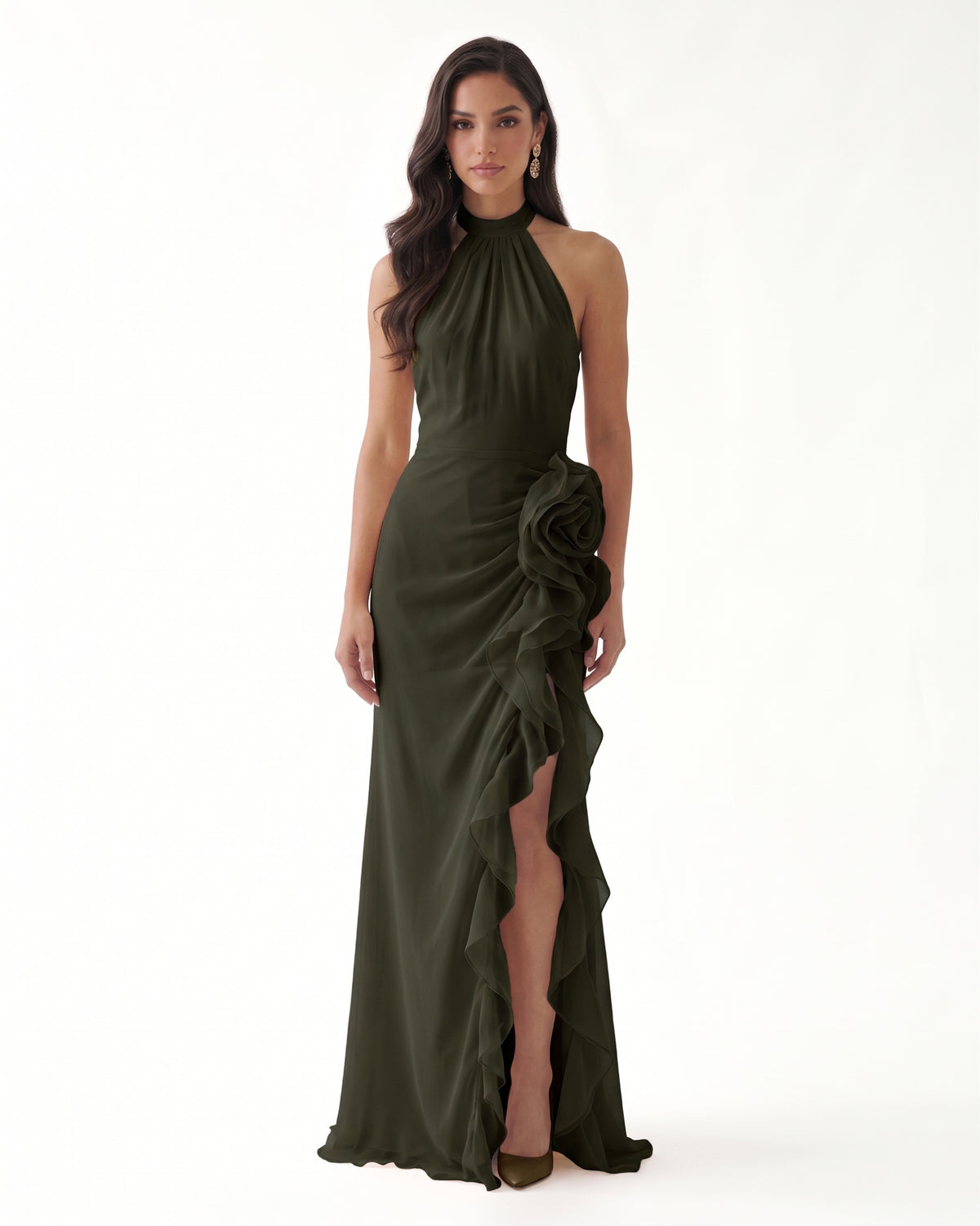 Halter Ruffle Rosette Slit Maxi Dress - Olive Green
