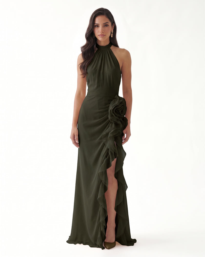 Halter Ruffle Rosette Slit Maxi Dress - Olive Green