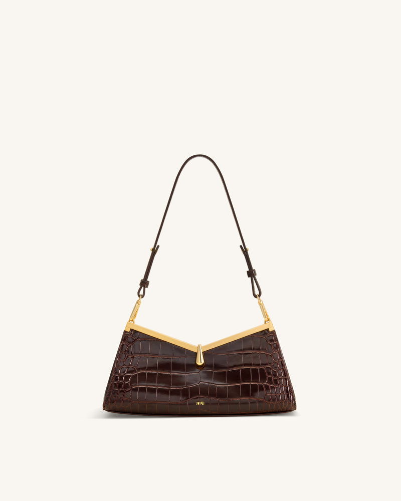 Nerina V-Frame Shoulder Bag - Dark Brown Croc