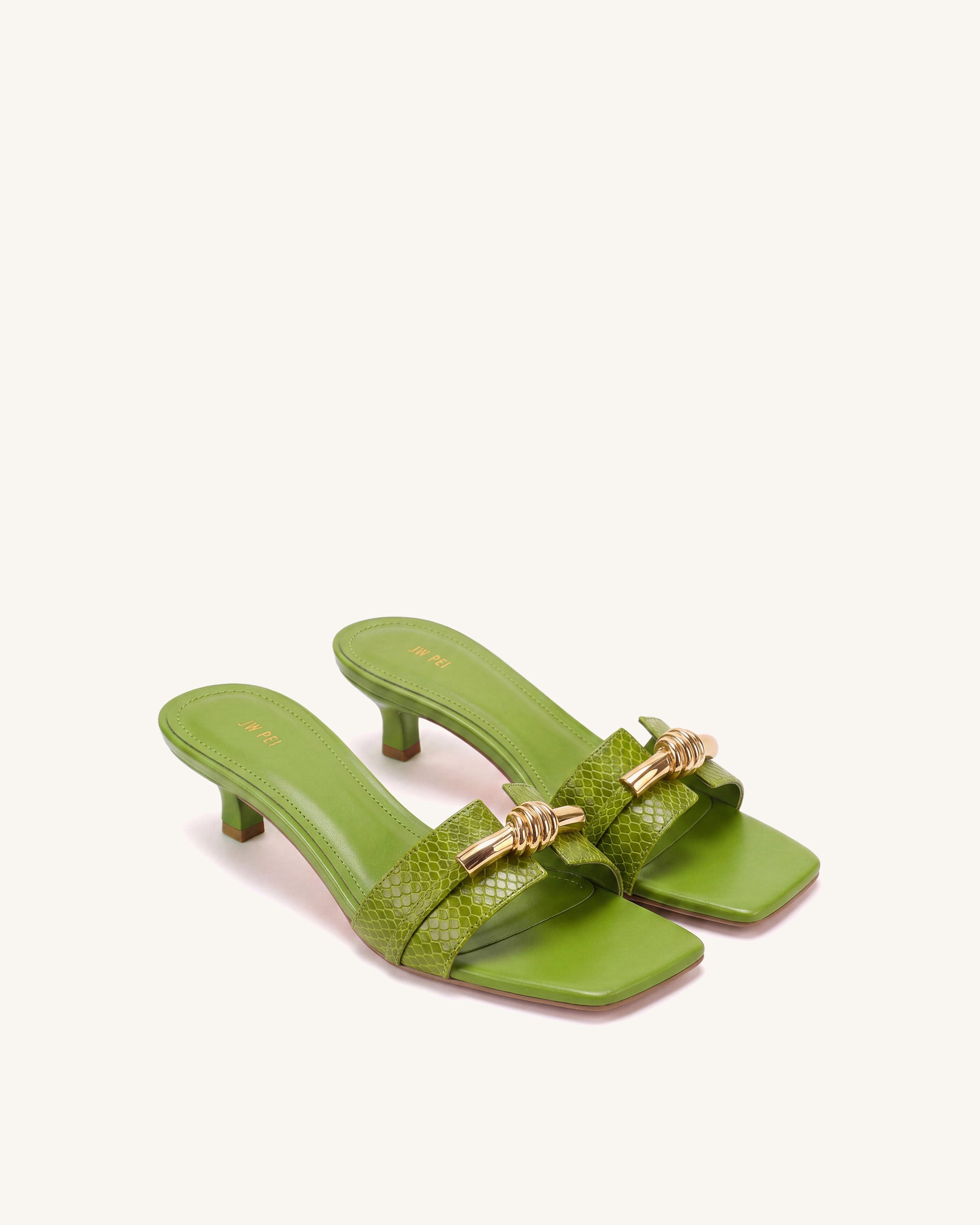 Lena Metal Rope Knot Snake-Embossed Heel Mules - Green