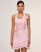 Orchid Embroidered Halter Ruffle Mini Dress - Pink