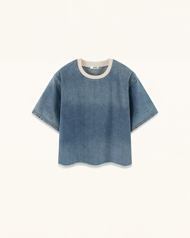 Contrast Rib Denim Cropped Tee - Washed Blue