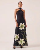Lily Embroidered Ruched Halter Maxi Dress - Black