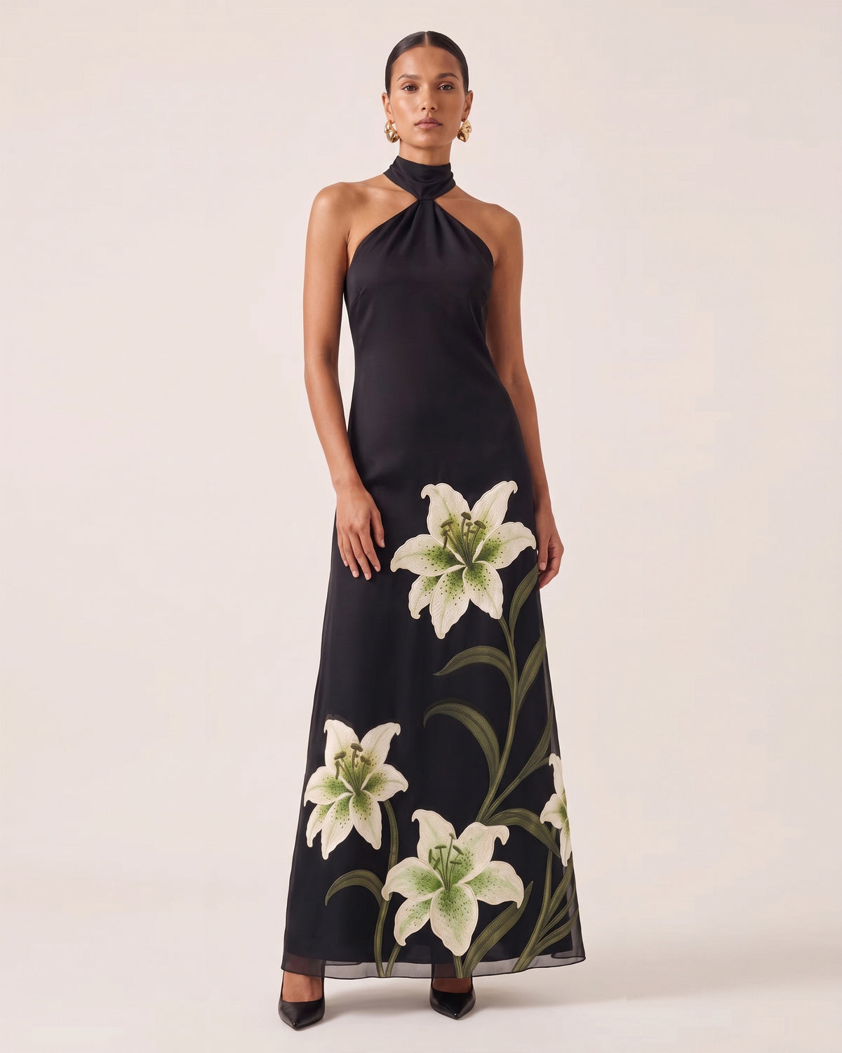 Lily Embroidered Ruched Halter Maxi Dress - Black