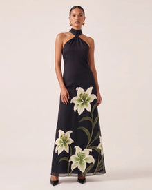 Lily Embroidered Ruched Halter Maxi Dress - Black