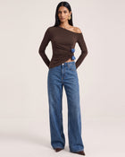 3D Embroidered Tulip Off-Shoulder Ruched Top - Brown