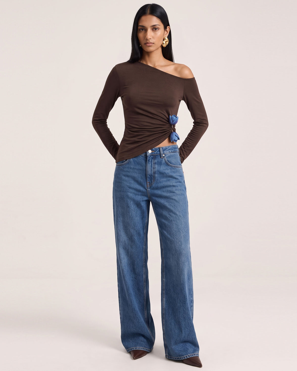 3D Embroidered Tulip Off-Shoulder Ruched Top - Brown