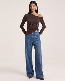 3D Embroidered Tulip Off-Shoulder Ruched Top - Brown
