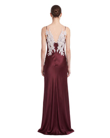 Floral Embellished Open-Back Satin Maxi Dress - Burgundy