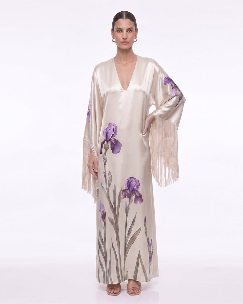 Iris Print Fringe Sleeve V-Neck Maxi Dress - Champagne
