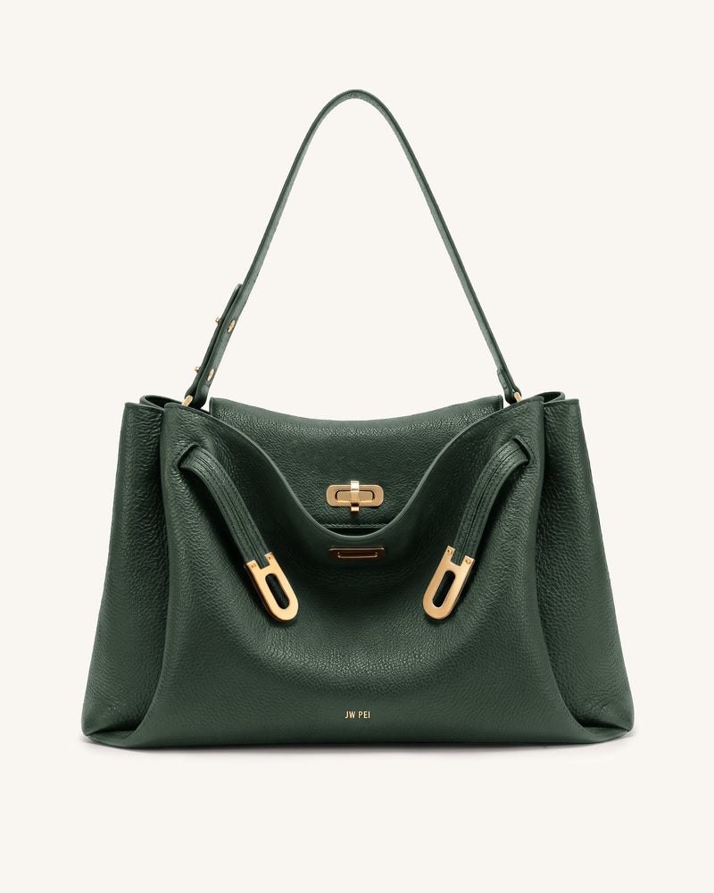 Rhea Large Pebbled Double Buckle Shoulder Bag - Greyish Dark Green