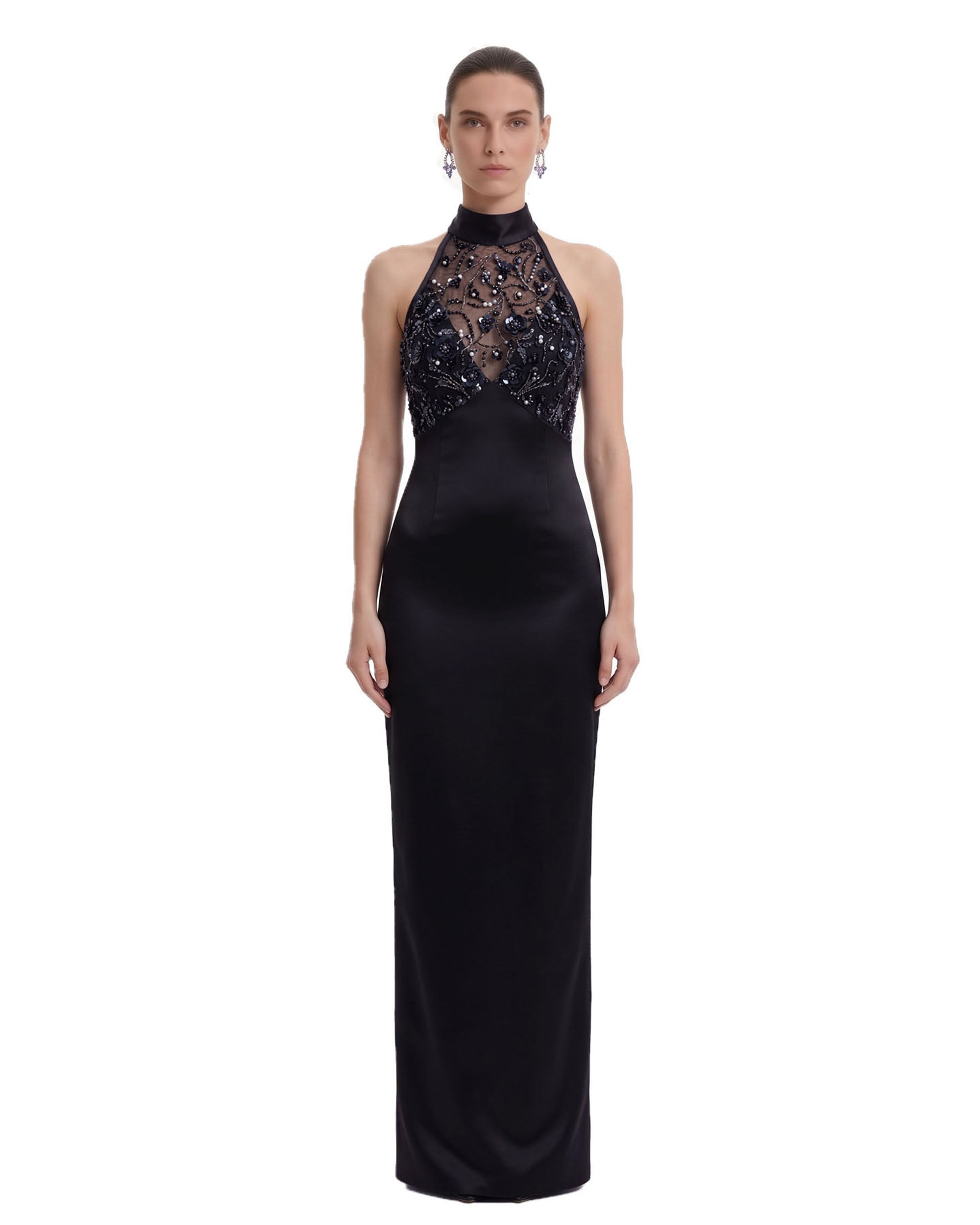Beaded Floral Halter Sheer-Bodice Satin Maxi Dress - Black