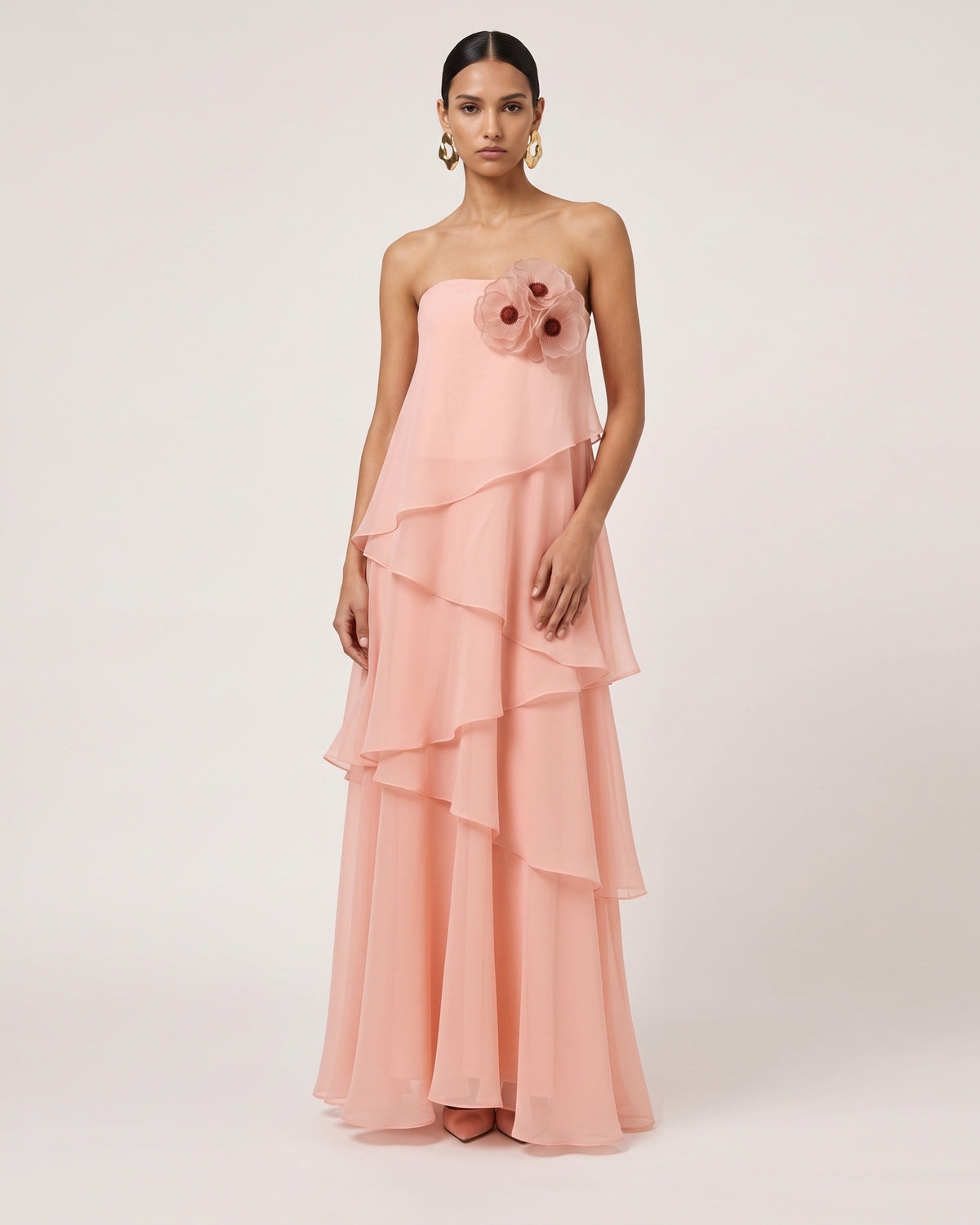 Poppy Embroidered Strapless Asymmetric Ruffle Maxi Dress - Blush Pink