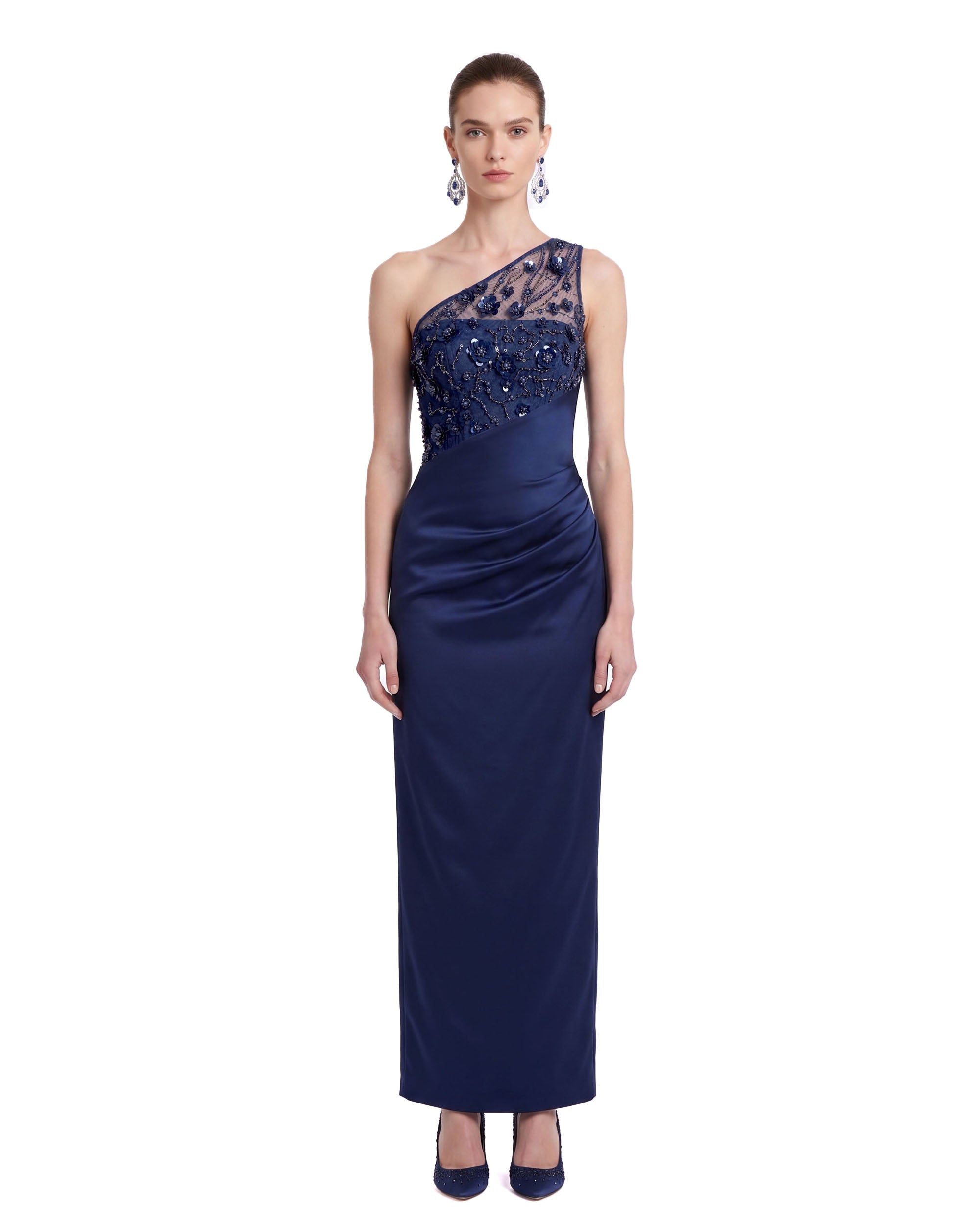 Embellished One-Shoulder Draped Satin Maxi Dress - Navy