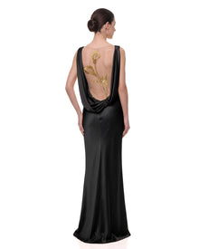 Gold Calla Lily Sheer Backless Satin Dress - Black