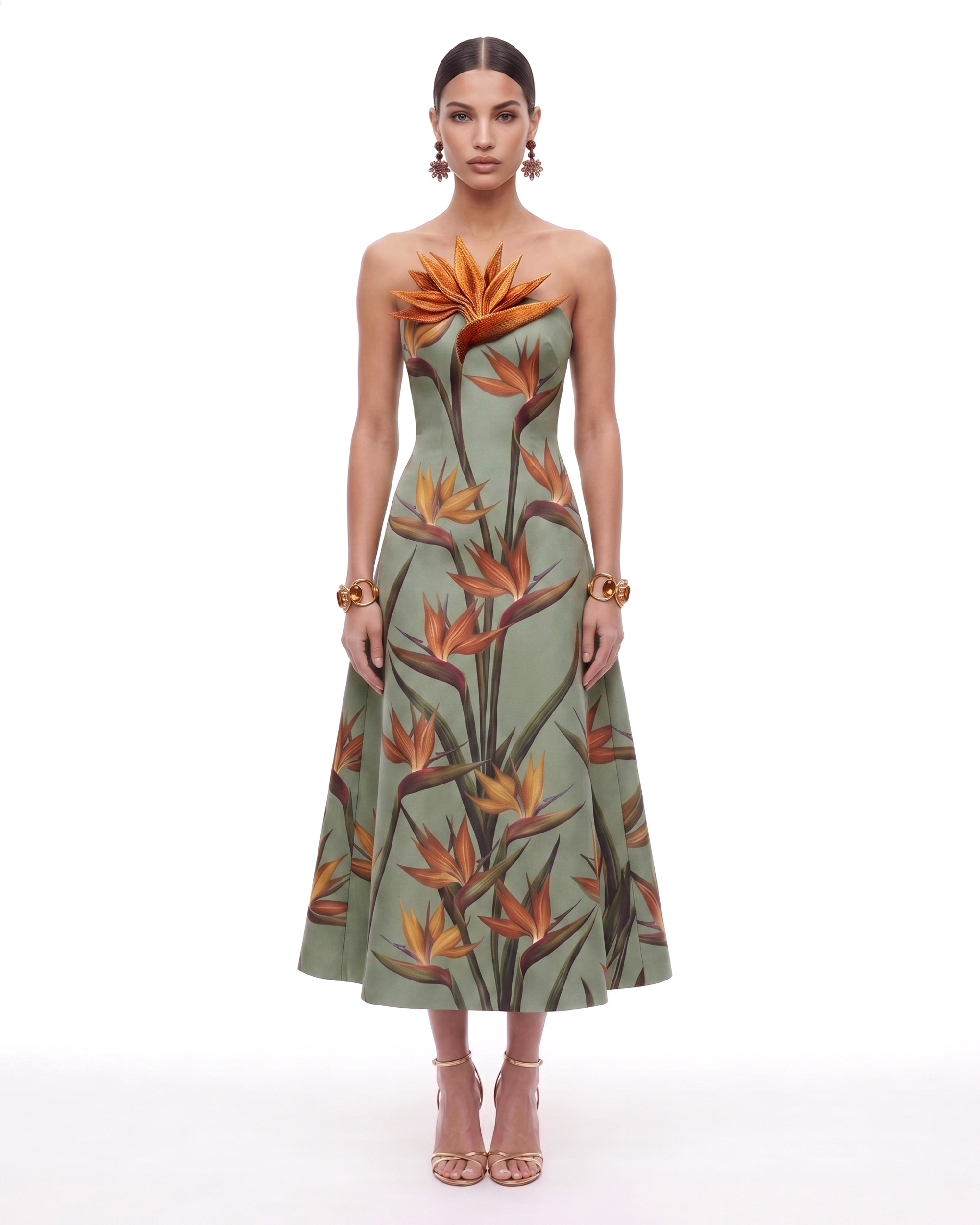Bird of Paradise Appliqué Strapless A-Line Midi Dress - Sage Green
