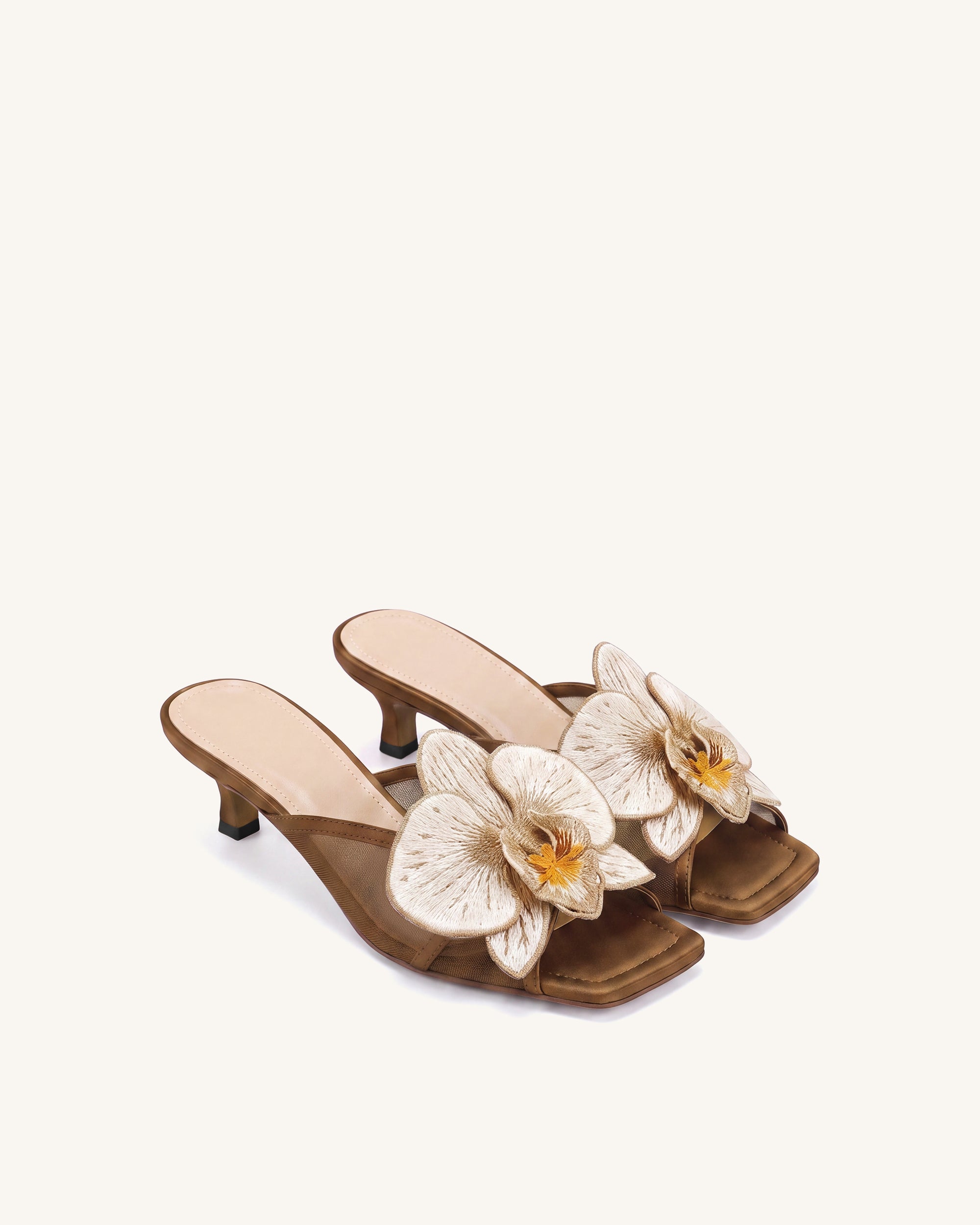 Serena Oversized Orchid Embroidered Mules - Brown