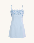 Flower Embroidered Trim Spaghetti Strap Mini Dress - Light Blue