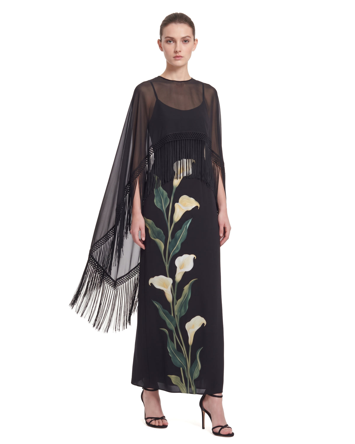 Calla Lily Printed Fringe Sheer Cape Maxi Dress - Black