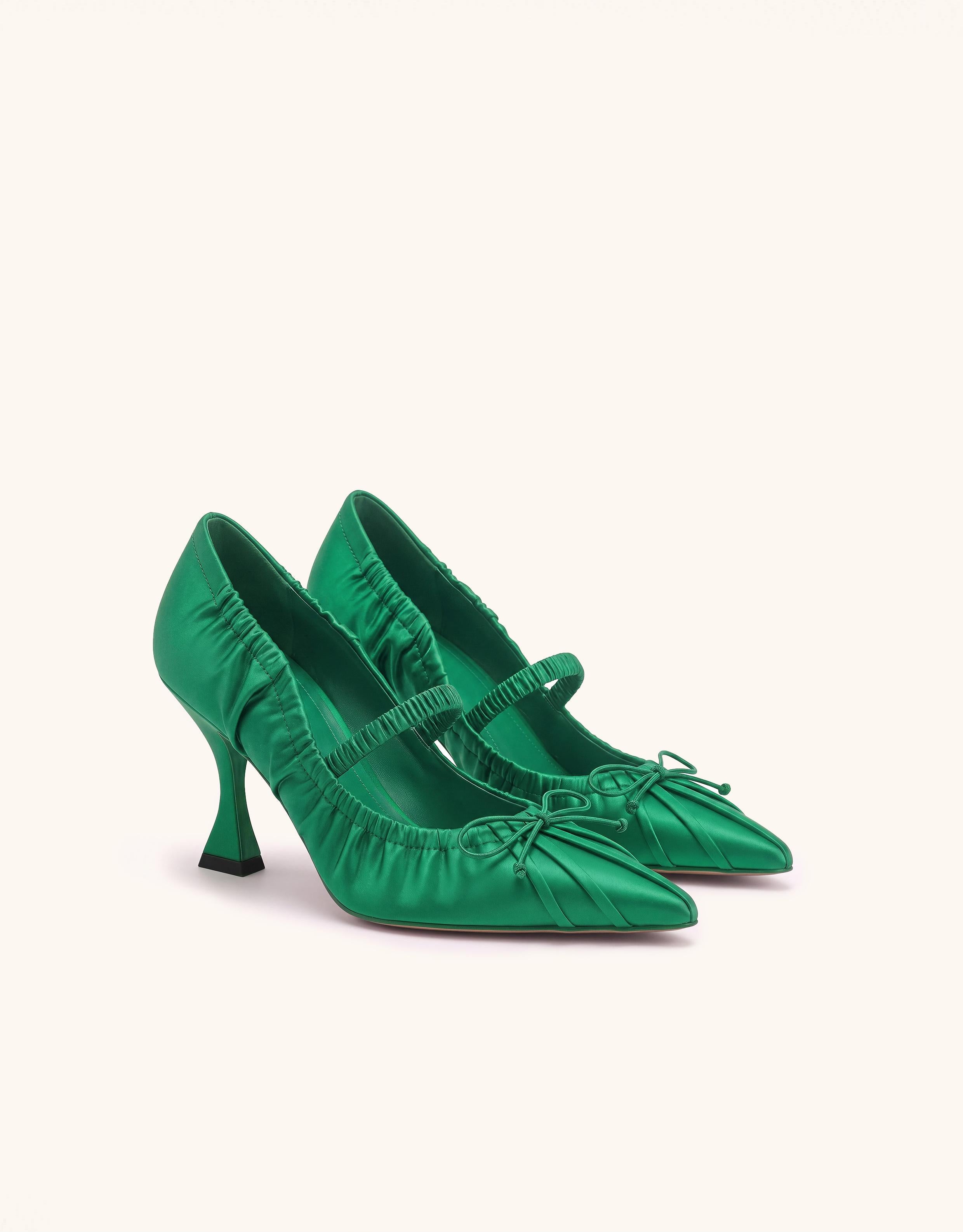 Solenne Satin Bow Ruched Mary Jane Pumps - Emerald Green