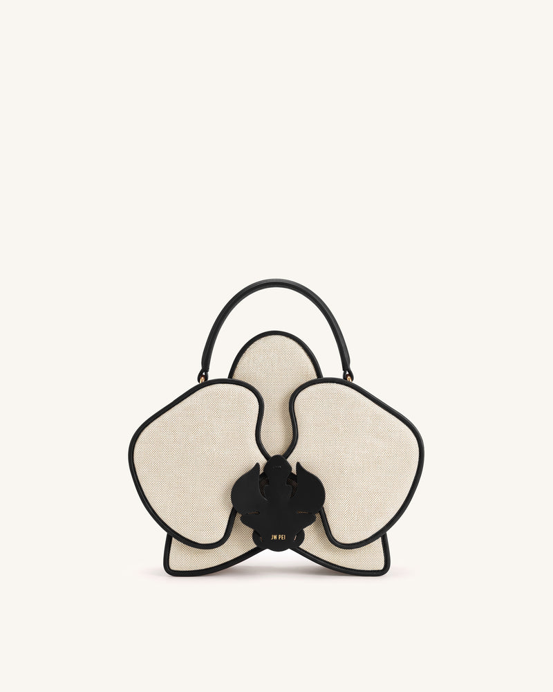 Flora Orchid Shaped Top Handle Bag - Black White Canvas