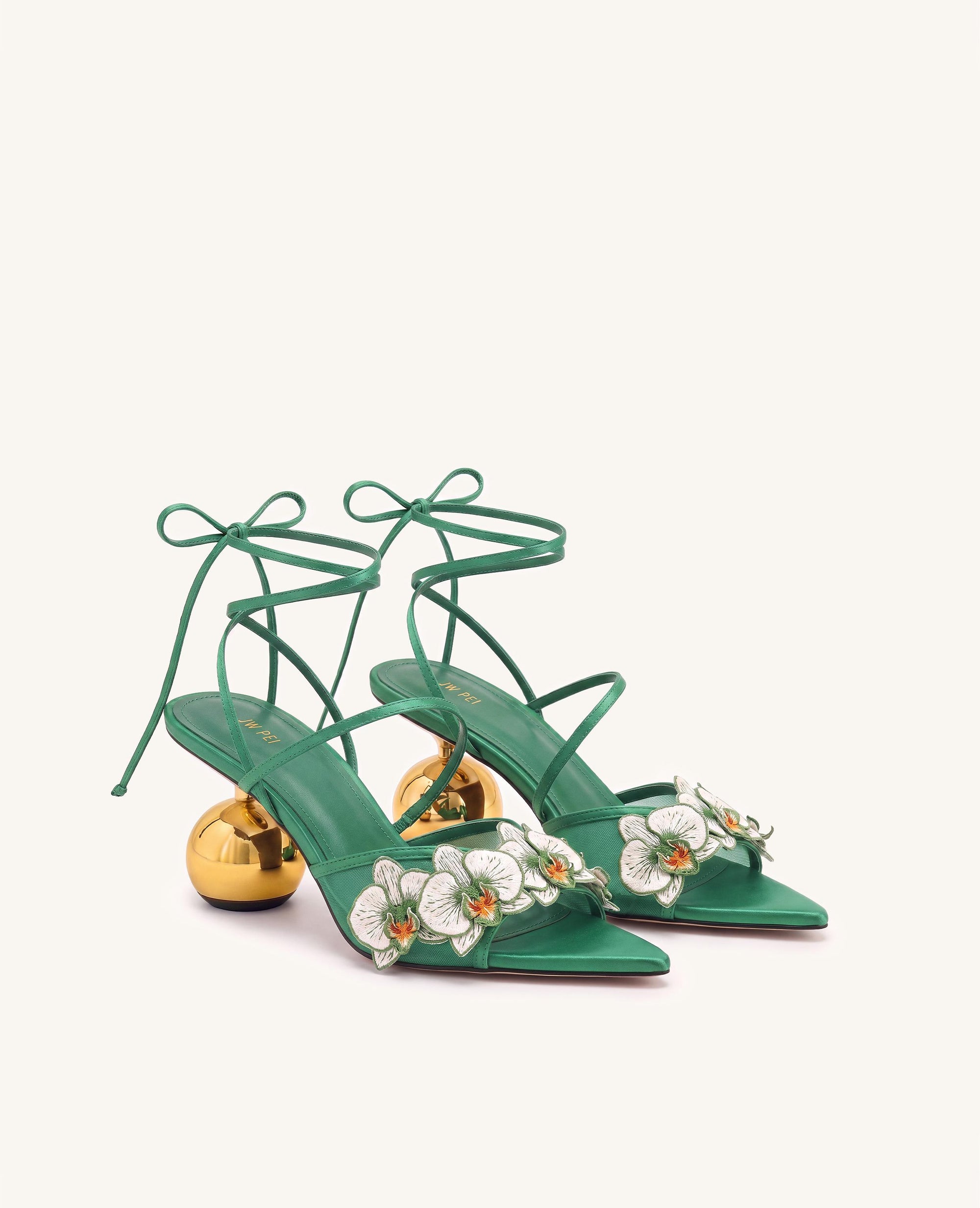 Celia Orchid Embroidered Sphere Heel Lace-Up Sandals - Green