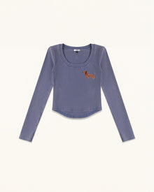 Dachshund Scoop Neck Curved Cropped Tee - Smokey Slate