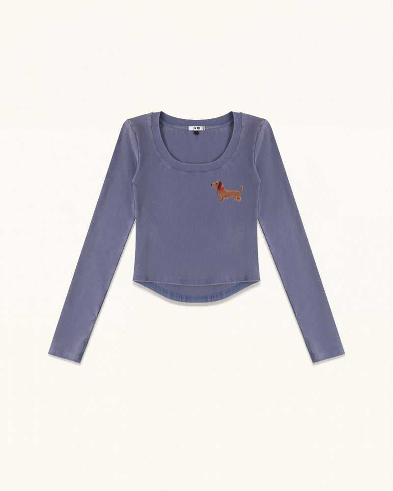 Dachshund Scoop Neck Curved Cropped Tee - Smokey Slate