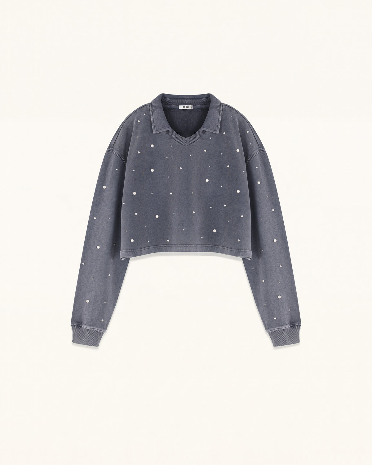 Scattered Pearl Rhinestone Cropped Sweatshirt - Washed Slate