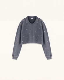Scattered Pearl Rhinestone Cropped Sweatshirt - Washed Slate