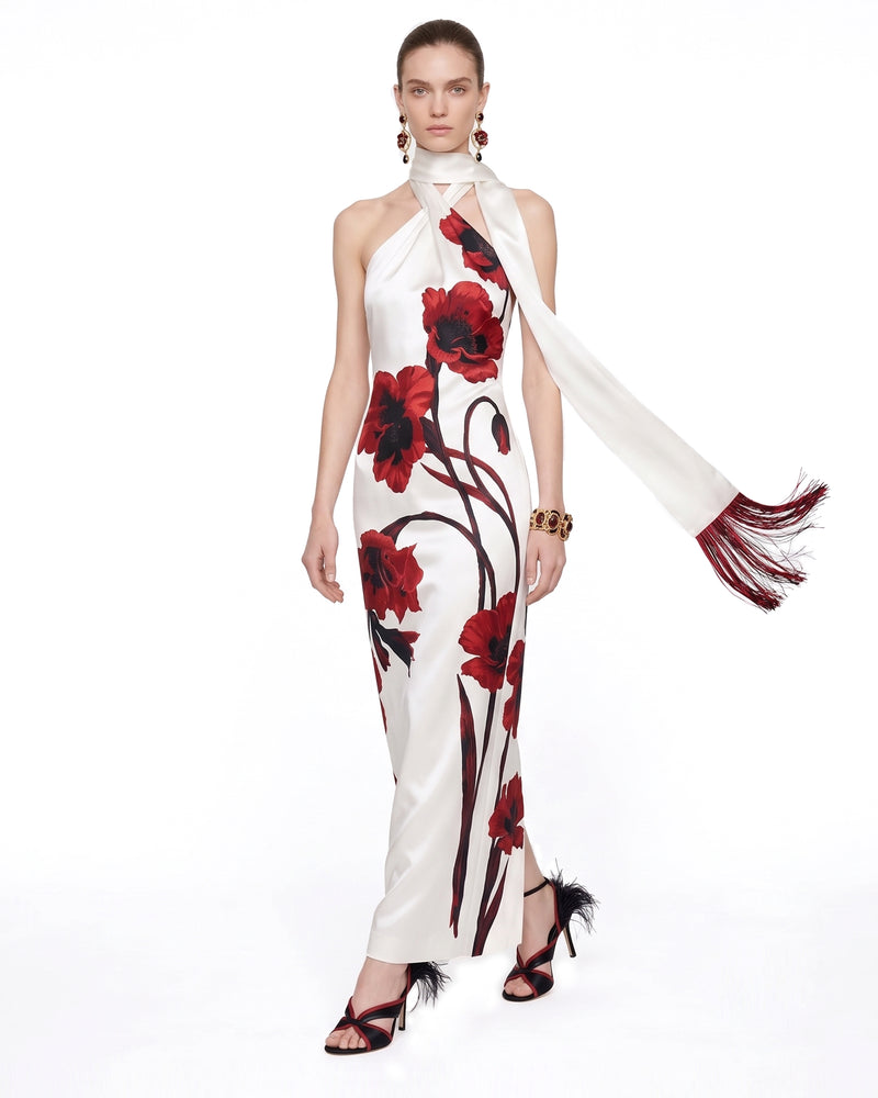 Floral Print Scarf-Neck Column Maxi Dress - White & Red